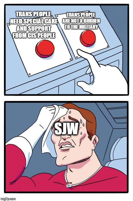 Two Buttons | TRANS PEOPLE ARE NOT A BURDEN TO THE MILITARY; TRANS PEOPLE NEED SPECIAL CARE AND SUPPORT FROM CIS PEOPLE; SJW | image tagged in the daily struggle | made w/ Imgflip meme maker