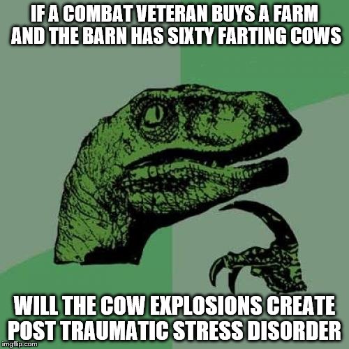 Philosoraptor | IF A COMBAT VETERAN BUYS A FARM AND THE BARN HAS SIXTY FARTING COWS; WILL THE COW EXPLOSIONS CREATE POST TRAUMATIC STRESS DISORDER | image tagged in memes,philosoraptor | made w/ Imgflip meme maker