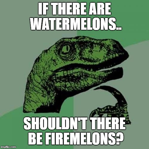 Philosoraptor |  IF THERE ARE WATERMELONS.. SHOULDN'T THERE BE FIREMELONS? | image tagged in memes,philosoraptor | made w/ Imgflip meme maker
