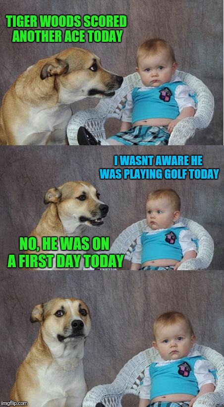 Bad joke dog | TIGER WOODS SCORED ANOTHER ACE TODAY; I WASNT AWARE HE WAS PLAYING GOLF TODAY; NO, HE WAS ON A FIRST DAY TODAY | image tagged in bad joke dog | made w/ Imgflip meme maker