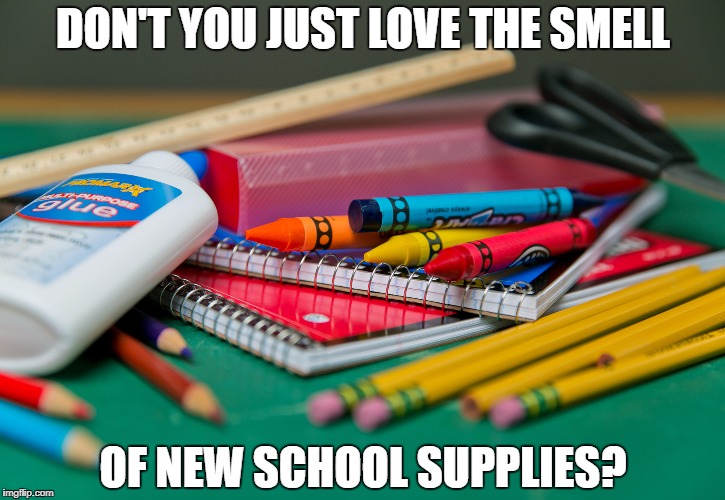 School supplies | DON'T YOU JUST LOVE THE SMELL; OF NEW SCHOOL SUPPLIES? | image tagged in school supplies | made w/ Imgflip meme maker