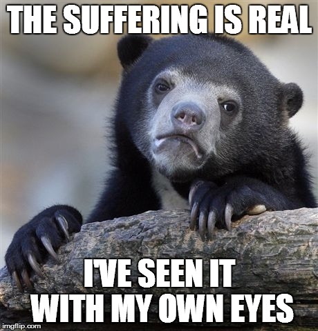 Confession Bear Meme | THE SUFFERING IS REAL I'VE SEEN IT WITH MY OWN EYES | image tagged in memes,confession bear | made w/ Imgflip meme maker