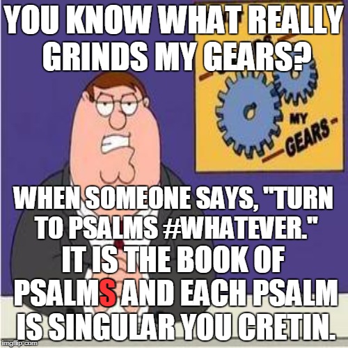 It is "Psalm" whatever and the Book of "Revelation" neither is plural.   | YOU KNOW WHAT REALLY GRINDS MY GEARS? WHEN SOMEONE SAYS, "TURN TO PSALMS #WHATEVER."; IT IS THE BOOK OF PSALMS AND EACH PSALM IS SINGULAR YOU CRETIN. S | image tagged in peter griffin - grind my gears,memes,bible | made w/ Imgflip meme maker