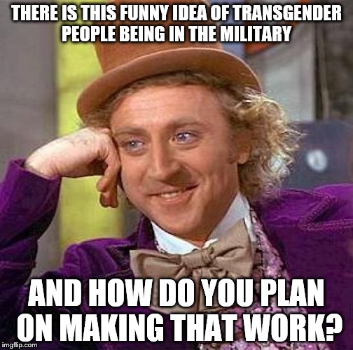 Transgender people in the military | THERE IS THIS FUNNY IDEA OF TRANSGENDER PEOPLE BEING IN THE MILITARY; AND HOW DO YOU PLAN ON MAKING THAT WORK? | image tagged in memes,transgenders in the military,donald trump,donald trump offending someone | made w/ Imgflip meme maker