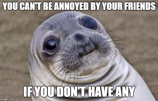 Get rid of everything, nothing left to annoy you |  YOU CAN'T BE ANNOYED BY YOUR FRIENDS; IF YOU DON'T HAVE ANY | image tagged in memes,awkward moment sealion,dank memes,i have no friends,funny,roasted | made w/ Imgflip meme maker