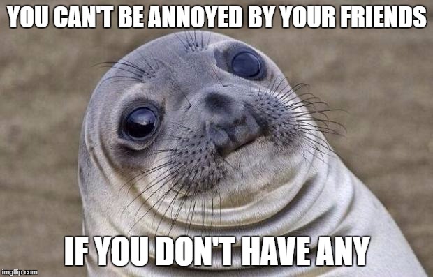 Get rid of everything, nothing left to annoy you | YOU CAN'T BE ANNOYED BY YOUR FRIENDS; IF YOU DON'T HAVE ANY | image tagged in memes,awkward moment sealion,dank memes,i have no friends,funny,roasted | made w/ Imgflip meme maker