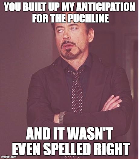 Face You Make Robert Downey Jr Meme | YOU BUILT UP MY ANTICIPATION FOR THE PUCHLINE AND IT WASN'T EVEN SPELLED RIGHT | image tagged in memes,face you make robert downey jr | made w/ Imgflip meme maker