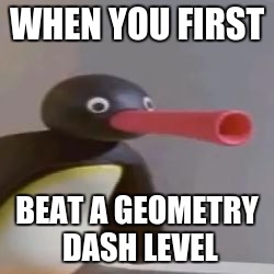NOOT NOOT | WHEN YOU FIRST; BEAT A GEOMETRY DASH LEVEL | image tagged in noot noot | made w/ Imgflip meme maker