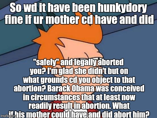 Futurama Fry Meme | So wd it have been hunkydory fine if ur mother cd have and did "safely" and legally aborted you? I'm glad she didn't but on what grounds cd  | image tagged in memes,futurama fry | made w/ Imgflip meme maker
