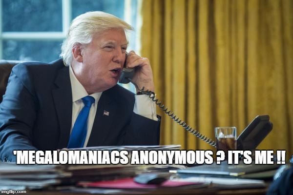 'MEGALOMANIACS ANONYMOUS ? IT'S ME !! | image tagged in trumpeter | made w/ Imgflip meme maker