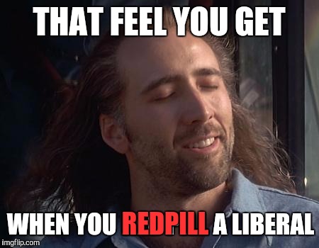 Nick Caged Bird Sings | THAT FEEL YOU GET; WHEN YOU RED PILL A LIBERAL; REDPILL | image tagged in nick caged bird sings | made w/ Imgflip meme maker