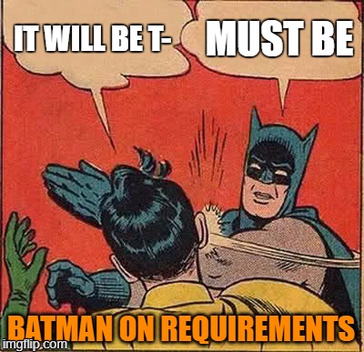 Batman on Requirements | IT WILL BE T-; MUST BE; BATMAN ON REQUIREMENTS | image tagged in memes,batman slapping robin | made w/ Imgflip meme maker