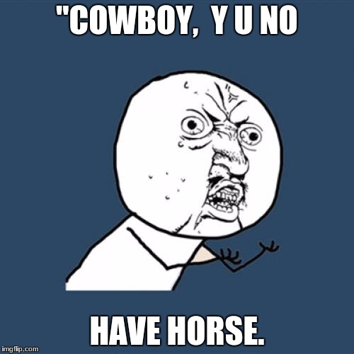 Y U No Meme | "COWBOY,  Y U NO; HAVE HORSE. | image tagged in memes,y u no | made w/ Imgflip meme maker