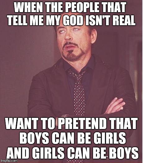 More evidence of a Creator than a transgender | WHEN THE PEOPLE THAT TELL ME MY GOD ISN'T REAL; WANT TO PRETEND THAT BOYS CAN BE GIRLS AND GIRLS CAN BE BOYS | image tagged in memes,face you make robert downey jr,transgender | made w/ Imgflip meme maker