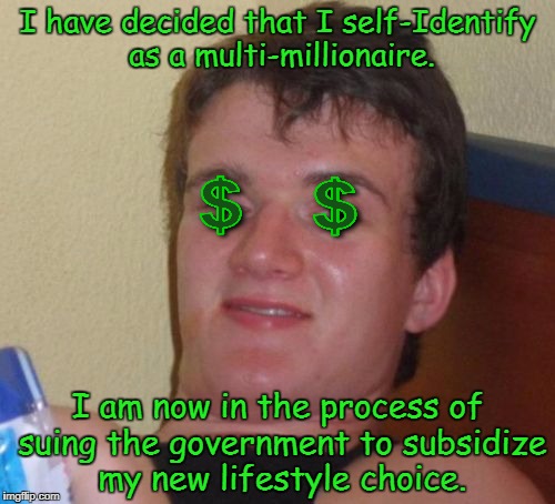 10 Guy Meme | I have decided that I self-Identify as a multi-millionaire. I am now in the process of suing the government to subsidize my new lifestyle choice. | image tagged in memes,10 guy,lgbt,transgender | made w/ Imgflip meme maker