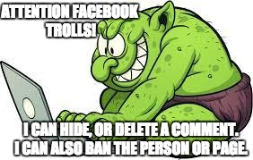 My Page, My Rules  | ATTENTION FACEBOOK TROLLS! I CAN HIDE, OR DELETE A COMMENT. I CAN ALSO BAN THE PERSON OR PAGE. | image tagged in no facebook trolls,my page,my rules,troll be gone | made w/ Imgflip meme maker