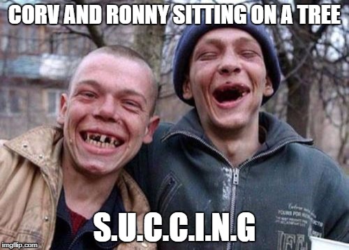 Ugly Twins Meme | CORV AND RONNY SITTING ON A TREE; S.U.C.C.I.N.G | image tagged in memes,ugly twins | made w/ Imgflip meme maker