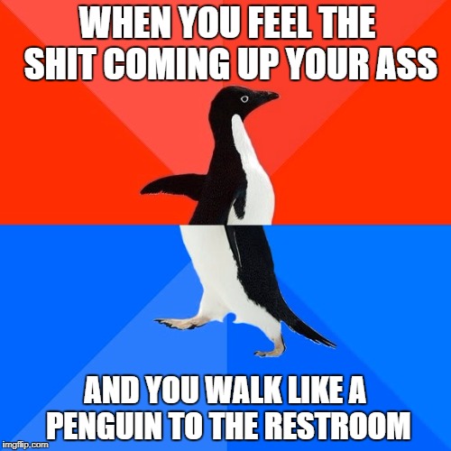 Socially Awesome Awkward Penguin | WHEN YOU FEEL THE SHIT COMING UP YOUR ASS; AND YOU WALK LIKE A PENGUIN TO THE RESTROOM | image tagged in memes,socially awesome awkward penguin | made w/ Imgflip meme maker