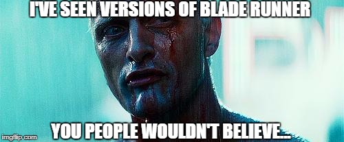 Blade Runner Versions | I'VE SEEN VERSIONS OF BLADE RUNNER; YOU PEOPLE WOULDN'T BELIEVE... | image tagged in bladerunner,version,director's cut | made w/ Imgflip meme maker