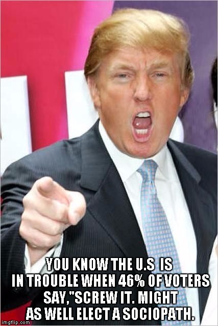 Trump | YOU KNOW THE U.S  IS IN TROUBLE WHEN 46% OF VOTERS SAY,"SCREW IT. MIGHT AS WELL ELECT A SOCIOPATH. | image tagged in trump | made w/ Imgflip meme maker