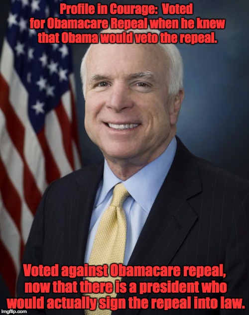 John McCain | Profile in Courage:  Voted for Obamacare Repeal when he knew that Obama would veto the repeal. Voted against Obamacare repeal, now that there is a president who would actually sign the repeal into law. | image tagged in john mccain | made w/ Imgflip meme maker