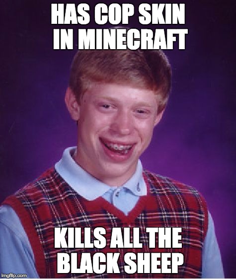 Bad Luck Brian | HAS COP SKIN IN MINECRAFT; KILLS ALL THE BLACK SHEEP | image tagged in memes,bad luck brian | made w/ Imgflip meme maker