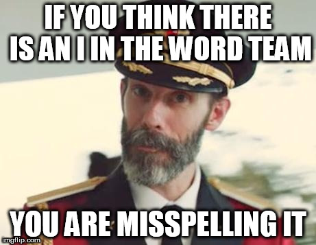 Captain Obvious | IF YOU THINK THERE IS AN I IN THE WORD TEAM; YOU ARE MISSPELLING IT | image tagged in captain obvious | made w/ Imgflip meme maker