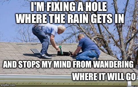 Fixing hole in roof | I'M FIXING A HOLE WHERE THE RAIN GETS IN; AND STOPS MY MIND FROM WANDERING; WHERE IT WILL GO | image tagged in fixing hole in roof | made w/ Imgflip meme maker