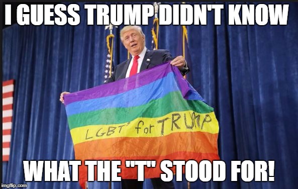 trump military transgender ban
 | I GUESS TRUMP DIDN'T KNOW; WHAT THE "T" STOOD FOR! | image tagged in trump bands transgender from military,trump transgender meme,transgender military personal,nevertrump meme | made w/ Imgflip meme maker