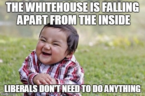 Evil Toddler | THE WHITEHOUSE IS FALLING APART FROM THE INSIDE; LIBERALS DON'T NEED TO DO ANYTHING | image tagged in memes,evil toddler | made w/ Imgflip meme maker