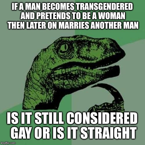 Philosoraptor Meme | IF A MAN BECOMES TRANSGENDERED AND PRETENDS TO BE A WOMAN THEN LATER ON MARRIES ANOTHER MAN; IS IT STILL CONSIDERED GAY OR IS IT STRAIGHT | image tagged in memes,philosoraptor | made w/ Imgflip meme maker