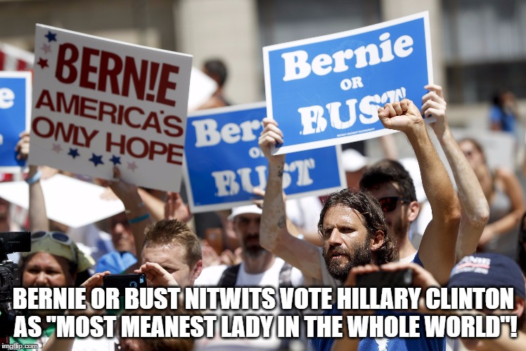 BERNIE OR BUST NITWITS VOTE HILLARY CLINTON AS "MOST MEANEST LADY IN THE WHOLE WORLD"! | image tagged in bernie sanders | made w/ Imgflip meme maker