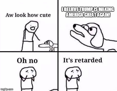 I don't believe it, but the dog does! | I BELIEVE TRUMP IS MAKING AMERICA GREAT AGAIN! | image tagged in retarded dog,funny dog,donald trump,too funny | made w/ Imgflip meme maker