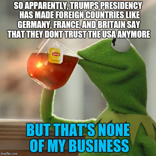 But That's None Of My Business | SO APPARENTLY, TRUMPS PRESIDENCY  HAS MADE FOREIGN COUNTRIES LIKE GERMANY, FRANCE, AND BRITAIN SAY THAT THEY DONT TRUST THE USA ANYMORE; BUT THAT'S NONE OF MY BUSINESS | image tagged in memes,but thats none of my business,kermit the frog,funny | made w/ Imgflip meme maker