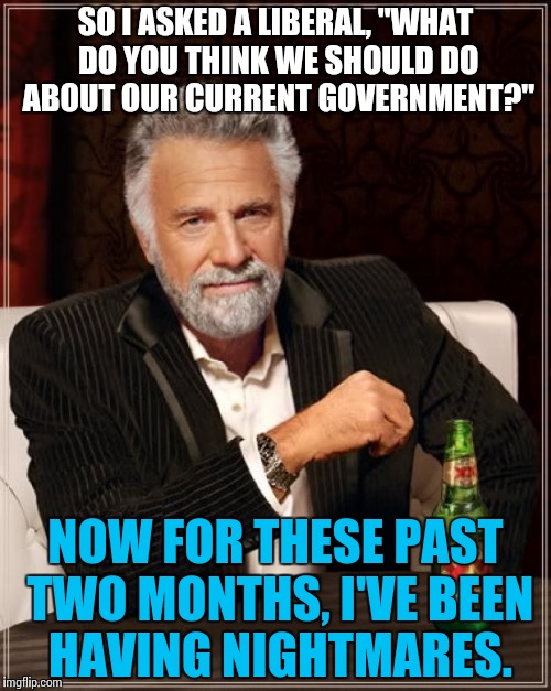 The Most Interesting Man In The World | SO I ASKED A LIBERAL, "WHAT DO YOU THINK WE SHOULD DO ABOUT OUR CURRENT GOVERNMENT?"; NOW FOR THESE PAST TWO MONTHS, I'VE BEEN HAVING NIGHTMARES. | image tagged in memes,the most interesting man in the world,funny,liberal,politics,government | made w/ Imgflip meme maker