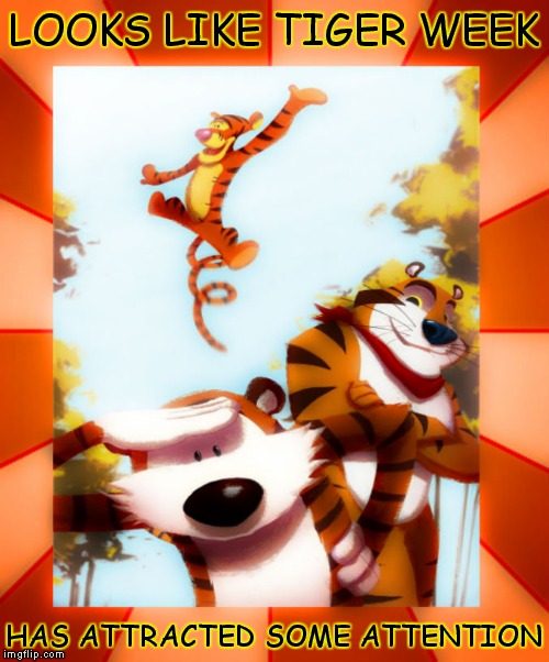 Some friends dropped by to say thanks for all the tiger memes... |  LOOKS LIKE TIGER WEEK; HAS ATTRACTED SOME ATTENTION | image tagged in tiger week,tigerlegend1046,tigger,tony the tiger,calvin and hobbes | made w/ Imgflip meme maker