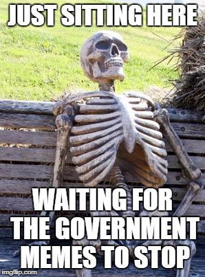 Waiting Skeleton Meme | JUST SITTING HERE; WAITING FOR THE GOVERNMENT MEMES TO STOP | image tagged in memes,waiting skeleton | made w/ Imgflip meme maker