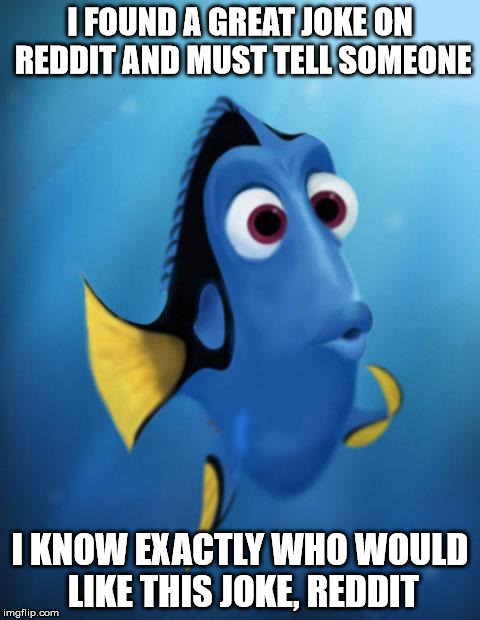 Dory | I FOUND A GREAT JOKE ON REDDIT AND MUST TELL SOMEONE; I KNOW EXACTLY WHO WOULD LIKE THIS JOKE, REDDIT | image tagged in dory | made w/ Imgflip meme maker