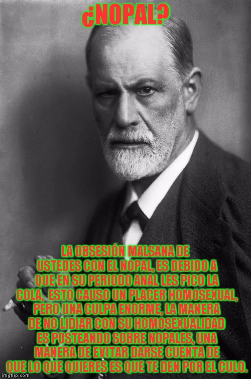 Sigmund Freud Meme | ¿NOPAL? LA OBSESIÓN MALSANA DE USTEDES CON EL NOPAL, ES DEBIDO A QUE EN SU PERIODO ANAL LES PICO LA COLA,  ESTO CAUSO UN PLACER HOMOSEXUAL, PERO UNA CULPA ENORME, LA MANERA DE NO LIDIAR CON SU HOMOSEXUALIDAD ES POSTEANDO SOBRE NOPALES, UNA MANERA DE EVITAR DARSE CUENTA DE QUE LO QUE QUIERES ES QUE TE DEN POR EL CULO. | image tagged in memes,sigmund freud | made w/ Imgflip meme maker