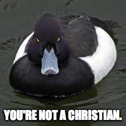 Angry Advice Mallard | YOU'RE NOT A CHRISTIAN. | image tagged in angry advice mallard,AdviceAnimals | made w/ Imgflip meme maker