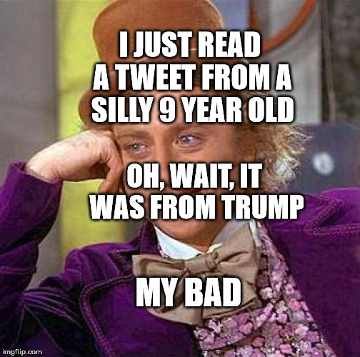 Creepy Condescending Wonka Meme | I JUST READ A TWEET FROM A SILLY 9 YEAR OLD; OH, WAIT, IT WAS FROM TRUMP; MY BAD | image tagged in memes,creepy condescending wonka | made w/ Imgflip meme maker