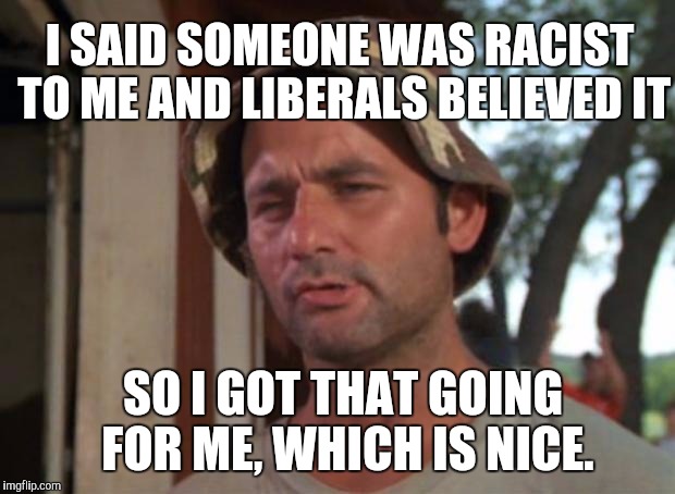 So I Got That Goin For Me Which Is Nice Meme | I SAID SOMEONE WAS RACIST TO ME AND LIBERALS BELIEVED IT; SO I GOT THAT GOING FOR ME, WHICH IS NICE. | image tagged in memes,so i got that goin for me which is nice | made w/ Imgflip meme maker