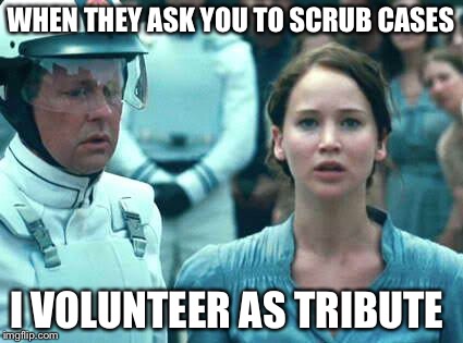 I Volunteer as Tribute | WHEN THEY ASK YOU TO SCRUB CASES; I VOLUNTEER AS TRIBUTE | image tagged in i volunteer as tribute | made w/ Imgflip meme maker