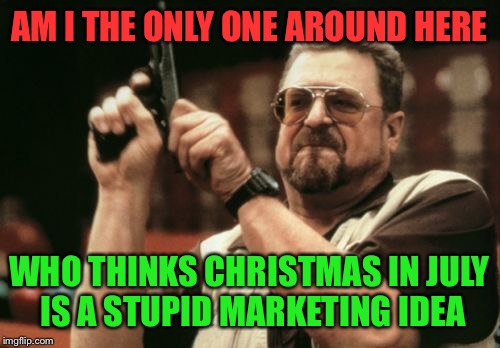 Ho. Ho. Ho. | AM I THE ONLY ONE AROUND HERE; WHO THINKS CHRISTMAS IN JULY IS A STUPID MARKETING IDEA | image tagged in memes,am i the only one around here | made w/ Imgflip meme maker
