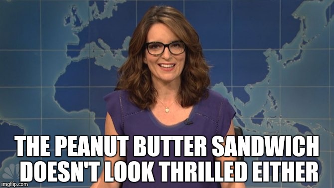 Tina Fey weekend update | THE PEANUT BUTTER SANDWICH DOESN'T LOOK THRILLED EITHER | image tagged in tina fey weekend update | made w/ Imgflip meme maker