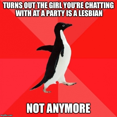 Socially Awesome Penguin |  TURNS OUT THE GIRL YOU'RE CHATTING WITH AT A PARTY IS A LESBIAN; NOT ANYMORE | image tagged in memes,socially awesome penguin | made w/ Imgflip meme maker