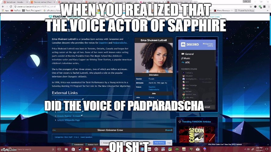 When you realized | WHEN YOU REALIZED THAT THE VOICE ACTOR OF SAPPHIRE; DID THE VOICE OF PADPARADSCHA; OH SH*T | image tagged in steven universe,sapphire,wut | made w/ Imgflip meme maker