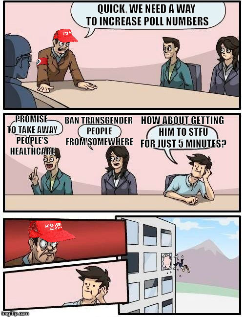 QUICK, WE NEED A WAY TO INCREASE POLL NUMBERS; PROMISE TO TAKE AWAY PEOPLE'S HEALTHCARE; BAN TRANSGENDER PEOPLE FROM SOMEWHERE; HOW ABOUT GETTING HIM TO STFU FOR JUST 5 MINUTES? | image tagged in trump meeting suggestion,nsfw | made w/ Imgflip meme maker