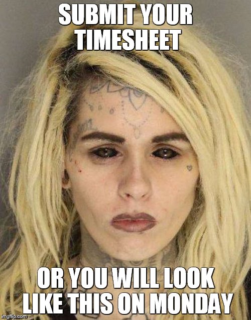 SUBMIT YOUR TIMESHEET; OR YOU WILL LOOK LIKE THIS ON MONDAY | image tagged in i hate mondays | made w/ Imgflip meme maker