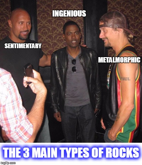 Petrology  | INGENIOUS; SENTIMENTARY; METALMORPHIC; THE 3 MAIN TYPES OF ROCKS | image tagged in chris rock,the rock,kid rock,funny memes,petrology | made w/ Imgflip meme maker